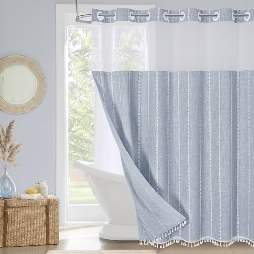 MitoVilla Farmhouse Shower Curtain Set with Window and Magnets - Blue 72 x 74