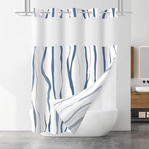 71x84 Inches White Hotel Style Shower Curtain Set with Blue Striped Design