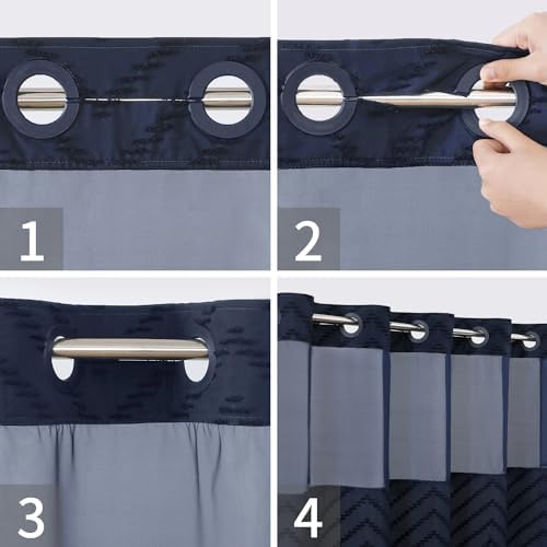 Navy Blue Tufted Chevron Shower Curtain Set with Snap-in Liner