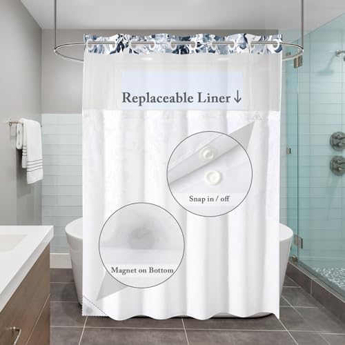 Gibelle No Hook Shower Curtain Set Navy Blue Eucalyptus Leaves