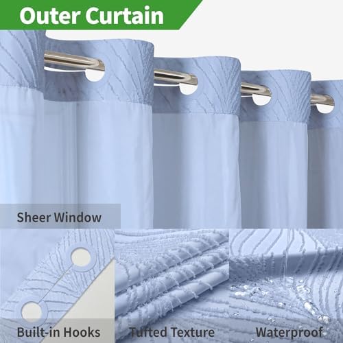 FrostBlue No Hook Boho Shower Curtain Set with Tufted Stripes