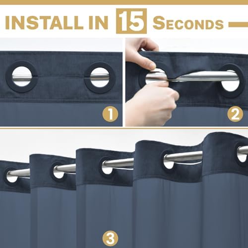 WONICY No Hook Shower Curtain Set with Liner Navy 71x74