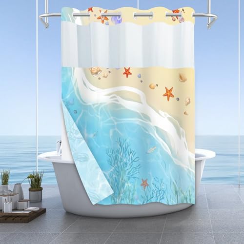 No Hook Beach Shower Curtain Set with Snap Liner 71x74 Inches