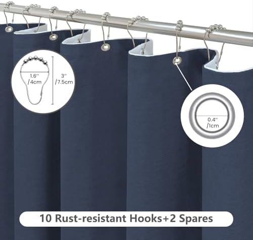 Inhousolu Boho Shower Curtain Set Faux Linen 12 Metal Hooks Navy Blue 54x78