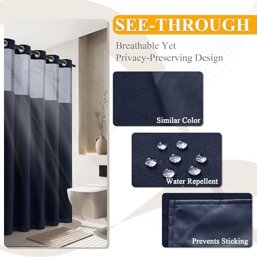 Jowels No Hooks Linen Shower Curtain Set Navy Blue