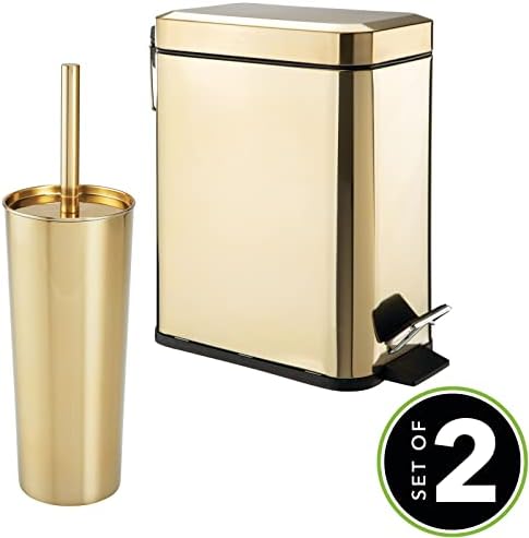 mDesign Metal Toilet Brush with Holder and Step Pedal Trash Can Set