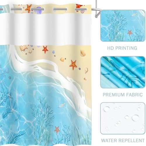 No Hook Beach Shower Curtain Set with Snap Liner 71x74 Inches