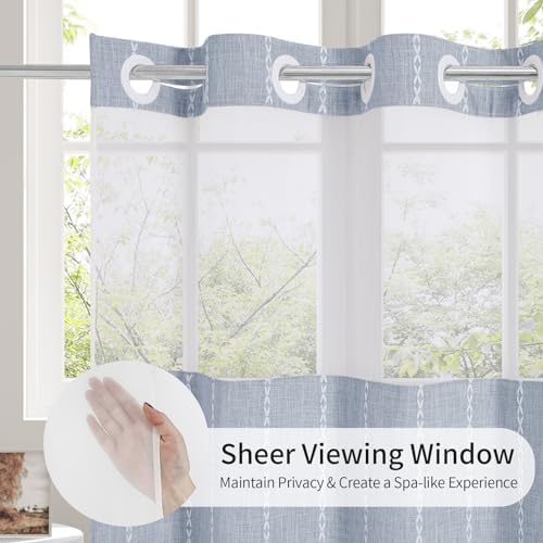 MitoVilla Farmhouse Shower Curtain Set with Window and Magnets - Blue 72 x 74