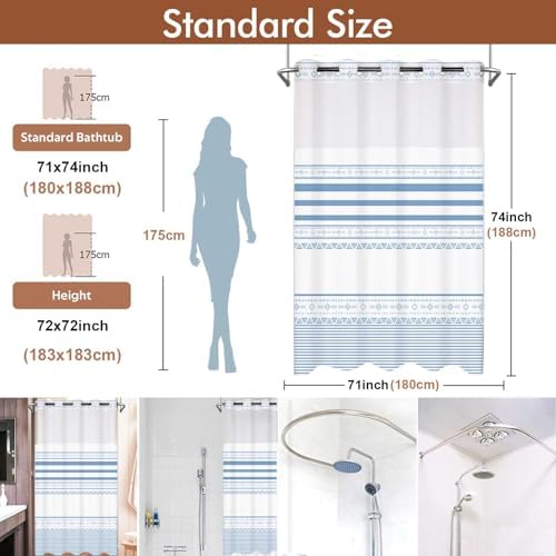 TERSUM No Hook Blue Striped Shower Curtain Set with Snap Liner 71x74 Inch