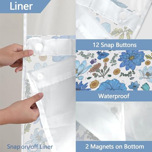 Boho Floral Shower Curtain Set with Snap Liner Blue and White