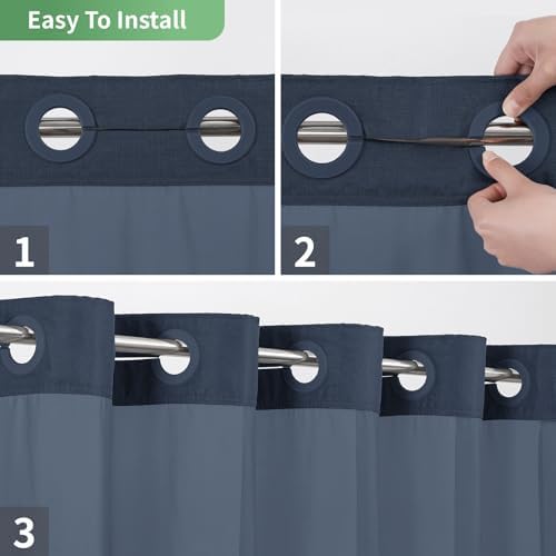 No Hook Shower Curtain with Snap-in Liner Set Slub Textured Navy Blue