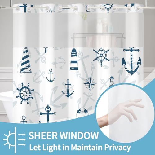 Nautical Shower Curtain Set with Snap Liner and No Hooks