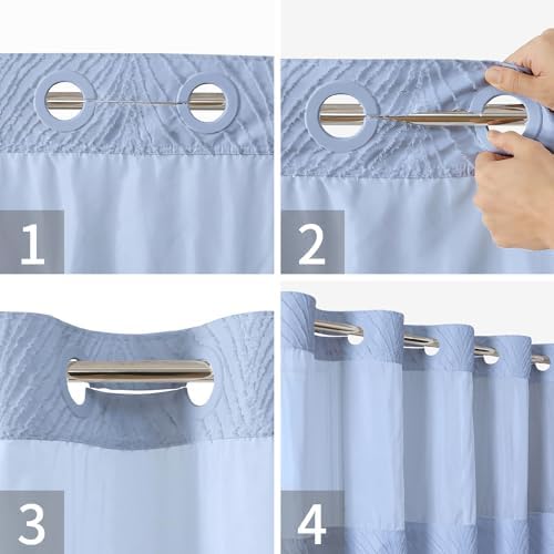 FrostBlue No Hook Boho Shower Curtain Set with Tufted Stripes
