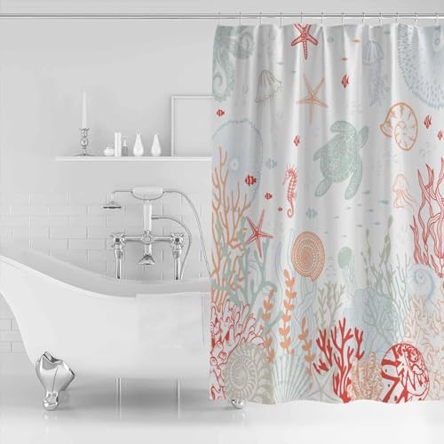 Huotupsine Red Orange Teal Nautical Coastal Shower Curtain Set