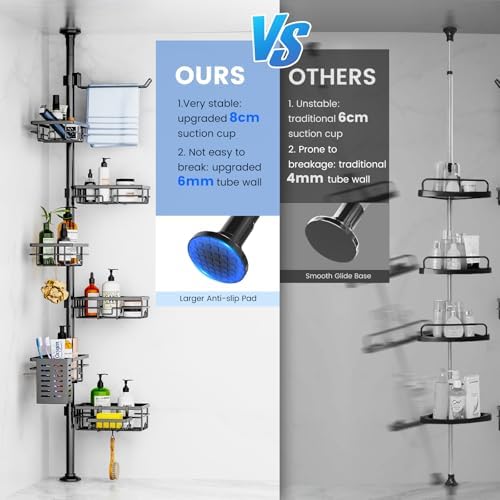 Mixoo Corner Shower Caddy - Adjustable Tension Pole with 6 Shelves