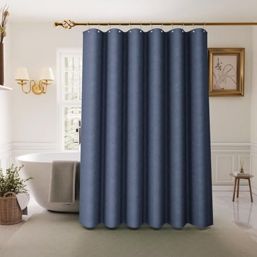 Inhousolu Boho Shower Curtain Set Faux Linen 12 Metal Hooks Navy Blue 54x78
