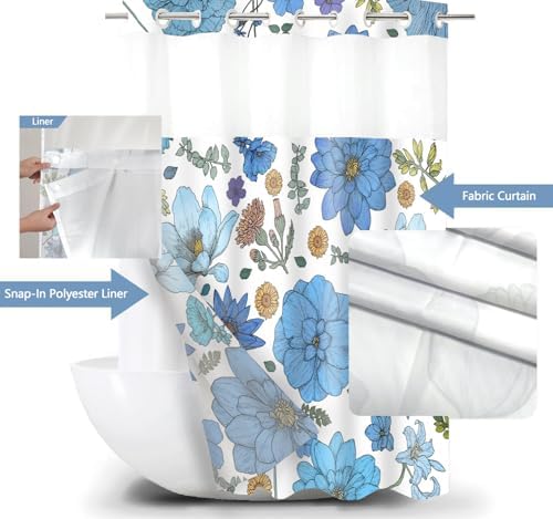 Boho Floral Shower Curtain Set with Snap Liner Blue and White