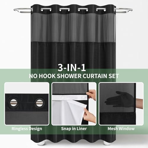 Eachope Black No Hook Shower Curtain with Snap-in Liner Set