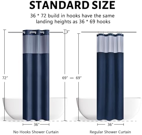Furlinic No Hook Waffle Shower Curtain Set Navy Blue 36x72 Inch