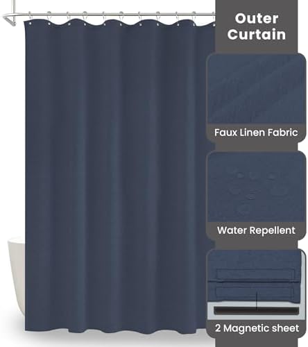 Inhousolu Boho Shower Curtain Set Faux Linen 12 Metal Hooks Navy Blue 54x78