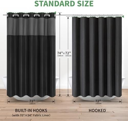 Eachope Black No Hook Shower Curtain with Snap-in Liner Set