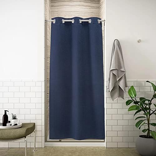 River Dream Navy Blue Waffle Weave Shower Curtain Set