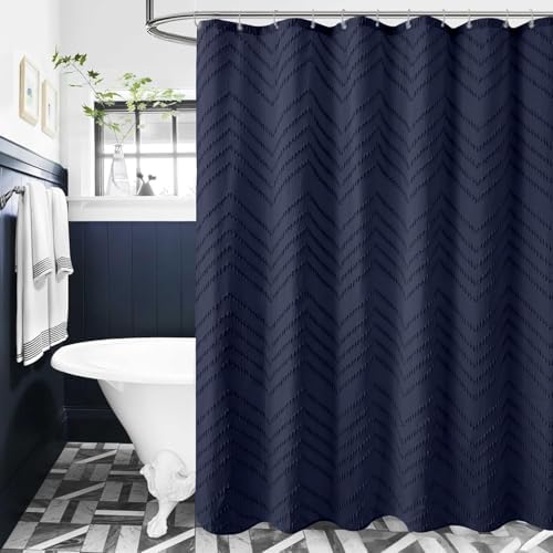 Navy Blue Tufted Chevron Shower Curtain Set
