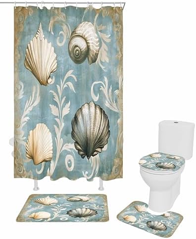 ZOE GARDEN Blue Brown Coastal Bathroom Set with Shower Curtain and Rug