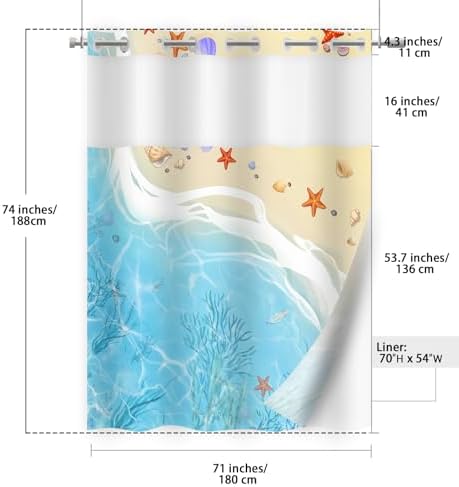No Hook Beach Shower Curtain Set with Snap Liner 71x74 Inches