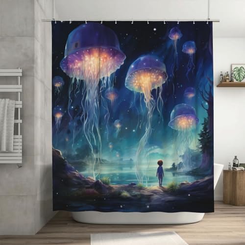 Blue Jellyfish Shower Curtain Set with 12 Hooks 72x72in