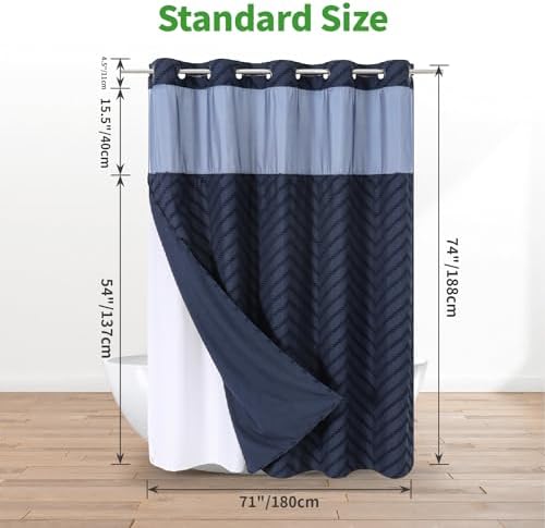 Navy Blue Tufted Chevron Shower Curtain Set with Snap-in Liner