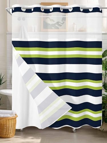 No Hooks Shower Curtain Set with Snap Liner Classic Stripes 72x72in