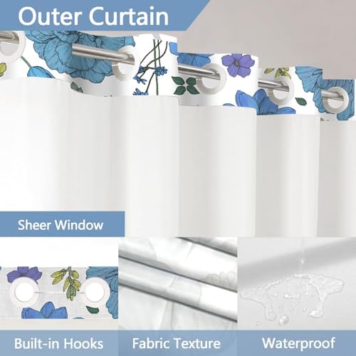 Boho Floral Shower Curtain Set with Snap Liner Blue and White