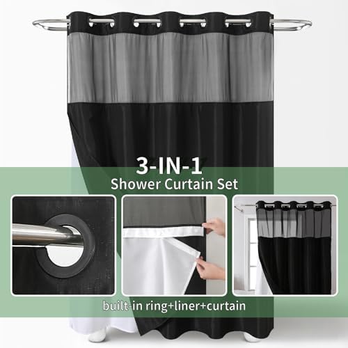 Black Slub Textured Shower Curtain Set with Snap-in Liner