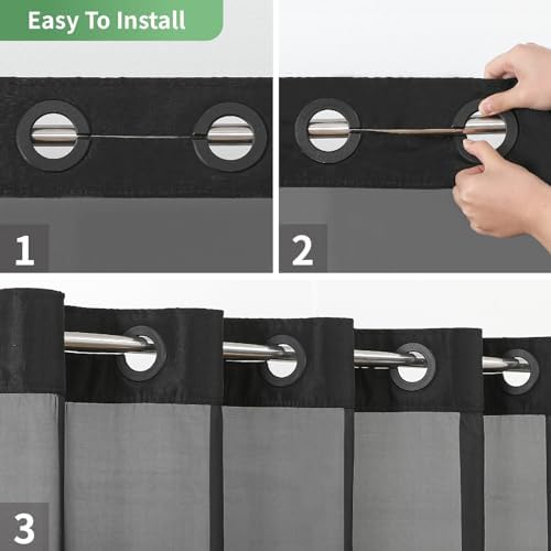 Black Slub Textured Shower Curtain Set with Snap-in Liner
