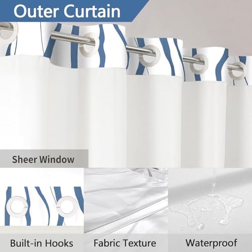 71x84 Inches White Hotel Style Shower Curtain Set with Blue Striped Design