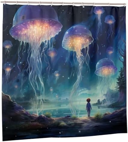 Blue Jellyfish Shower Curtain Set with 12 Hooks 72x72in