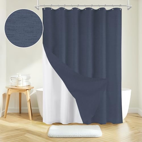 Inhousolu Boho Shower Curtain Set Faux Linen 12 Metal Hooks Navy Blue 54x78
