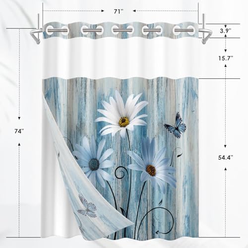 Nesphy No Hook Blue Daisy Shower Curtain Set