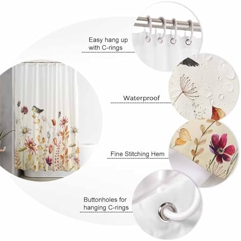 ZOE GARDEN Fall Flower Bird Bathroom Set with Curtain and Rug