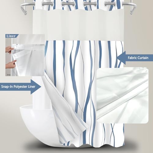 71x84 Inches White Hotel Style Shower Curtain Set with Blue Striped Design