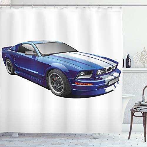 Ambesonne Teen Room Shower Curtain with 12 Hooks Blue Grey Car Racing Theme