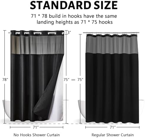 Furlinic No Hook Shower Curtain with Detachable Liner Black 71x78 Inch