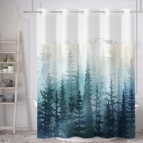 Yanutan Teal Forest No Hook Shower Curtain Set