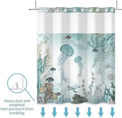 No Hook Jellyfish Shower Curtain Set with Snap-in Liner and Double Layer