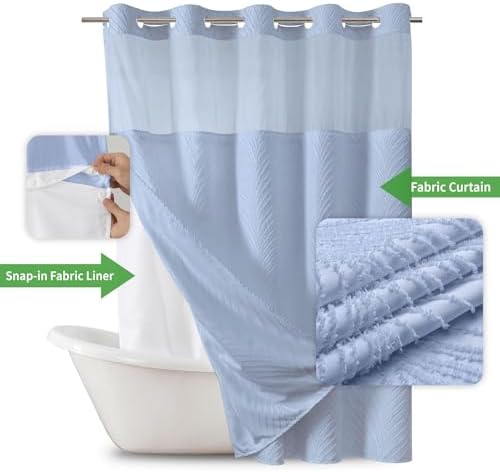FrostBlue No Hook Boho Shower Curtain Set with Tufted Stripes