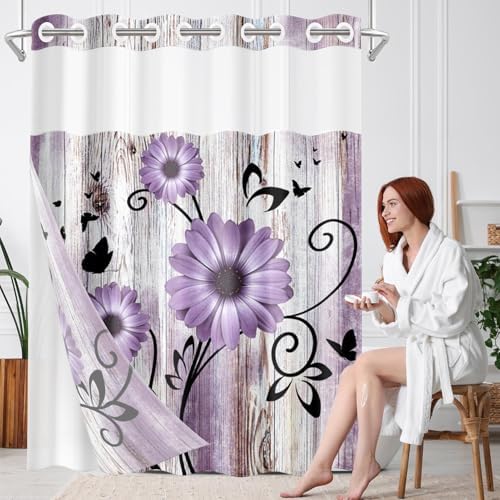 Nesphy Purple Flower Shower Curtain Set with Snap Lining 1
