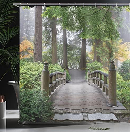 Ambesonne Japanese Shower Curtain Set with Hooks 69x75 Taupe Green