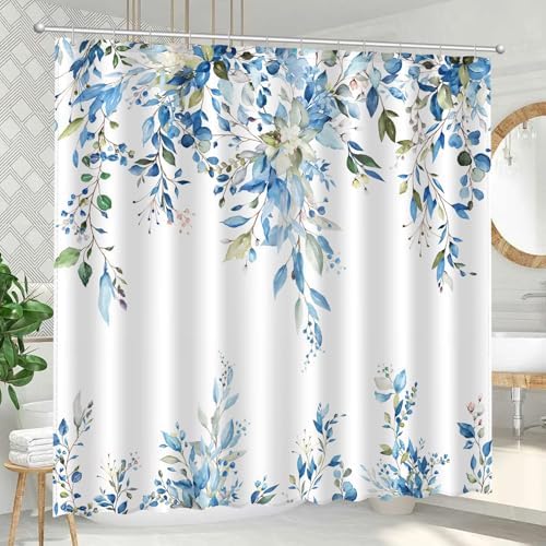 Blue Green Eucalyptus Leaves Shower Curtain Set