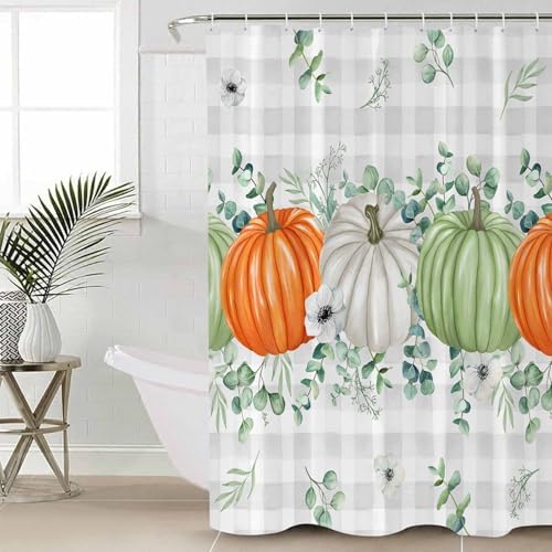 ZOE GARDEN Orange Green White Pumpkin Shower Curtain Set with Hook 48x72